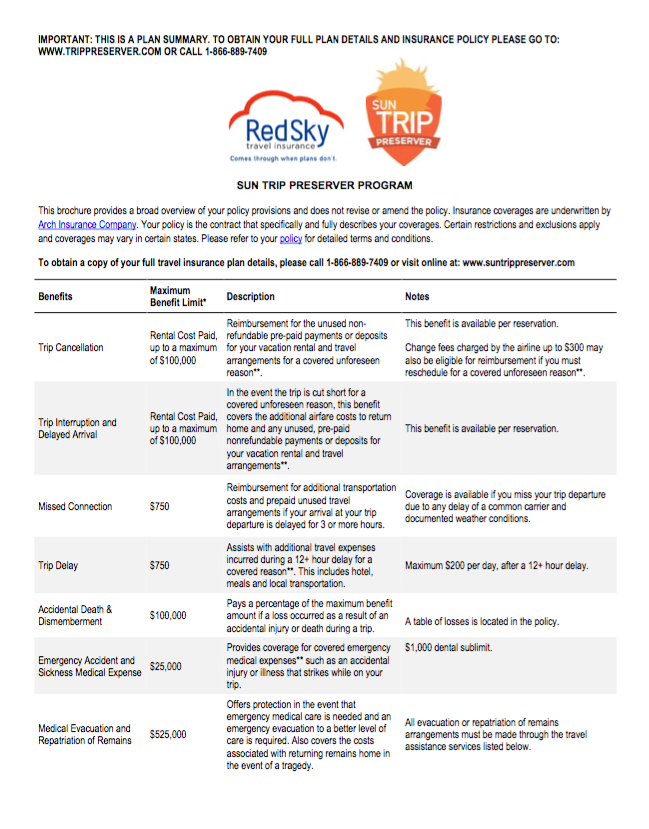 One-page brochure for the Red Sky Sun Trip Preserver Program showing a benefits table that lists coverages such as Trip Cancellation and Trip Interruption (each reimbursing rental costs up to $100,000), Missed Connection and Trip Delay (each up to $750), Accidental Death & Dismemberment (up to $100,000), Emergency Accident and Sickness Medical Expense (up to $25,000), and Medical Evacuation and Repatriation of Remains (up to $525,000), along with brief descriptions, notes about conditions and per-reservation applicability, and contact details for obtaining full policy information at trippreserver.com or via a toll-free phone number.