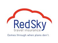 Simple RedSky travel insurance logo featuring a stylized red cloud outline above the word “RedSky” in blue, with smaller gray text reading “travel insurance” and the tagline “Comes through when plans don’t.” underneath.