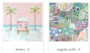 Side-by-side images of two colorful artworks, one featuring a pastel pink beach cottage between palm trees by the sea labeled “cottage by the sea,” and the other a vibrant abstract pattern of circles and shapes, each captioned with the artists’ names “honey” and “angela wells.”